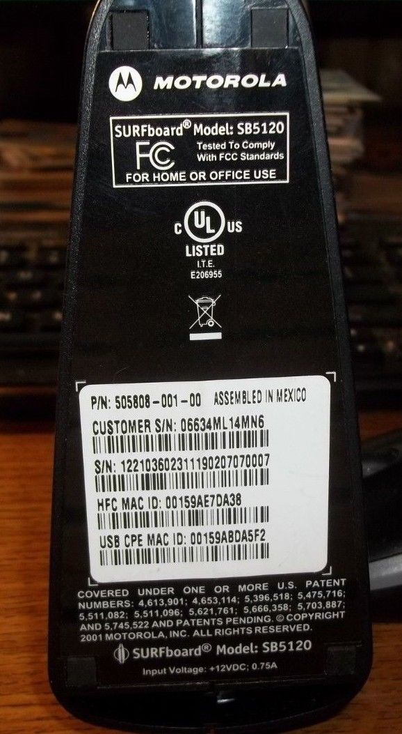 Motorola SURF board SB5120 Cable Modem w/ Power Adapter