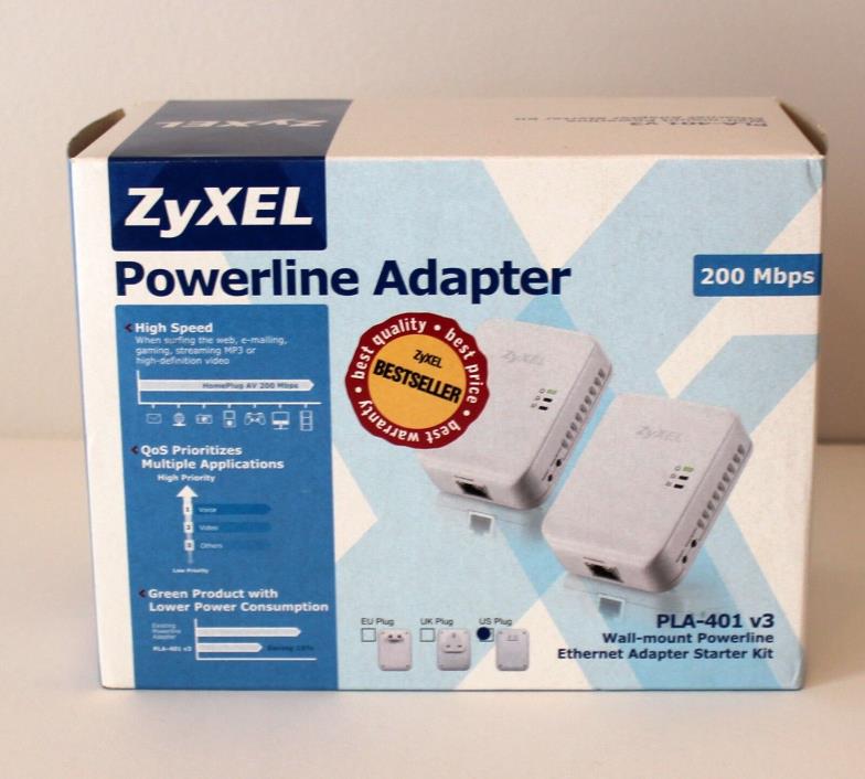 ZyXEL PLA-401 v3 Wall-mount Powerline Computer Ethernet Adapter 200 Mbps NIB
