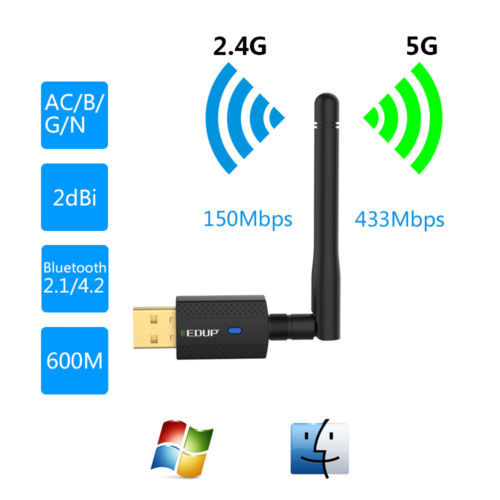 WiFi Dongle 600Mbps 2.4G/5G Dual Band Wireless USB Bluetooth Adapter w/Antenna