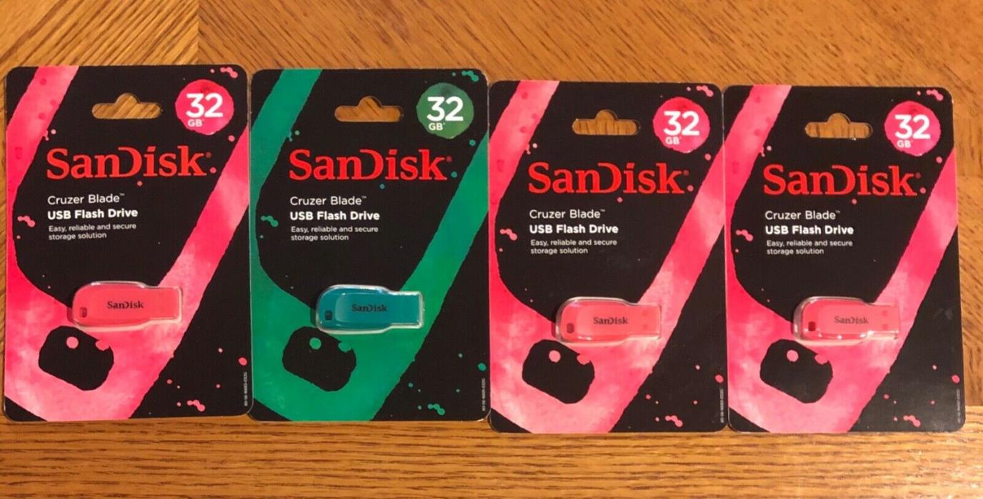 New 4 USB Flash (32 GB) Pack SanDisk Cruzer Blade 3Pink/1Green