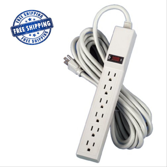 6 Outlet Power Strip Office Home 15 Foot Cord Wall Mountable White Economical