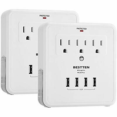 2 Pack 3 Outlet Wall Tap Adapter Surge Protector With 4 USB Charging Ports, AC -