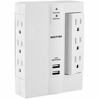 6 Outlet (3 Swivel) Side Wall Tap Adapter, Surge Protector With 2 USB Charging