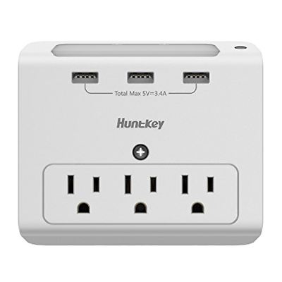 Huntkey Wall Mount 3-Outlets with 3 USB 3.4A Ports, Auto Sensor Night-Light
