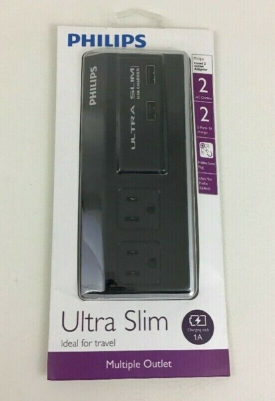 Philips Ultra Slim Multiple Outlet Black Travel 2 USB 2 AC Charger Sealed