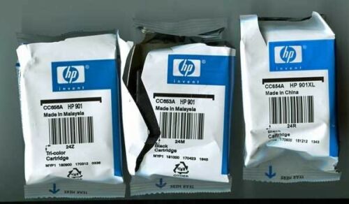 HP 3 EMPTY INK CARTRIDGES, VIRGIN, 901  1-BLACK, 1-TRICOLOR, 1BLACK XL.