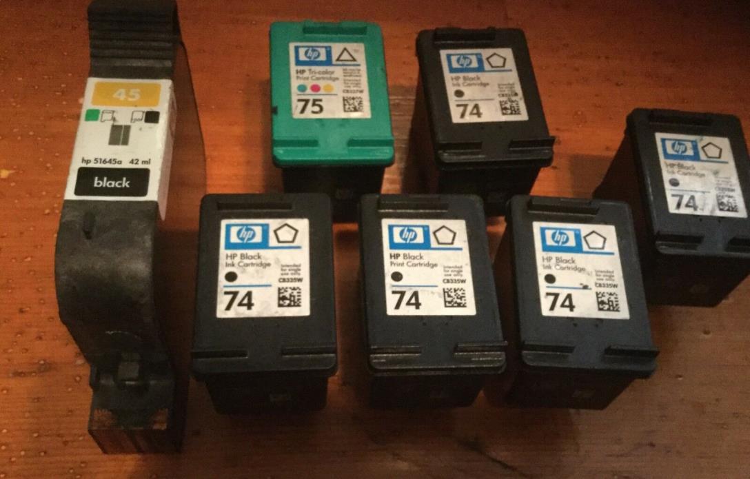 HP Empty Ink Cartridges Lot of 7 - SIx Black & 1 Color: 74 (5) , 45 (1), 75 (1)