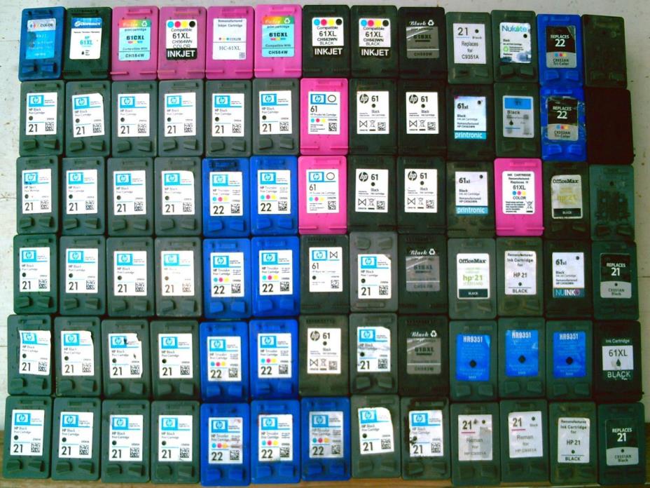 HEWLETT PACKARD LOT of 88 EMPTY HP 21, 21XL, 22, 61, 61XL PRINTER INK CARTRIDGES