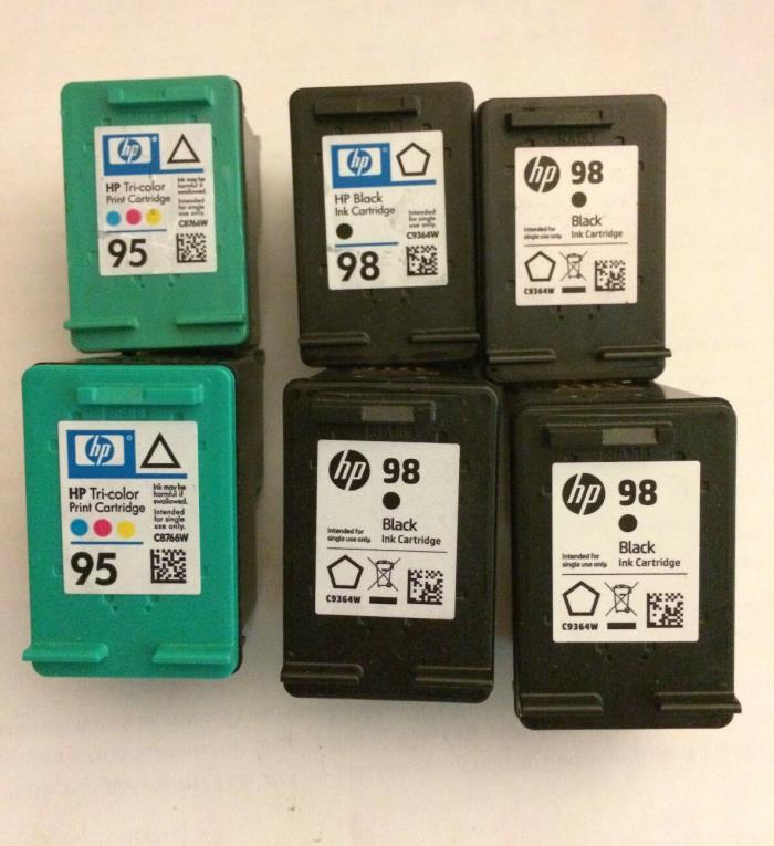 Lot of 6 ~ Genuine HP 98 Black & HP 95 Tri-color ~ Used Empty Ink Cartridges