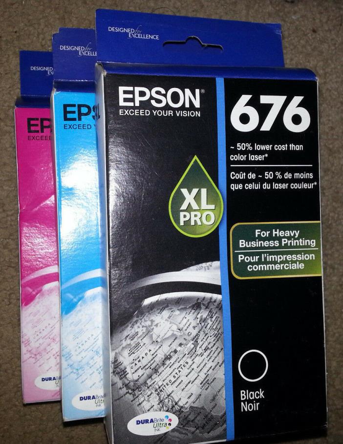 NEW - Lot of 3 - Epson DURABrite Ultra 676XL 1/Blk, 1/Cyan, 1/Mag Ink Cartridges