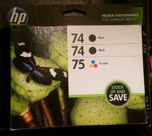 HP INK COMBO 3 PACK 74 Black 75 Tri Color Cartridges Exp 2014 FREE SHIPPING