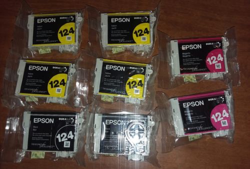 8 Genuine Epson 124 Ink Cartridges yellow black magenta NEW Sealed Printer ink
