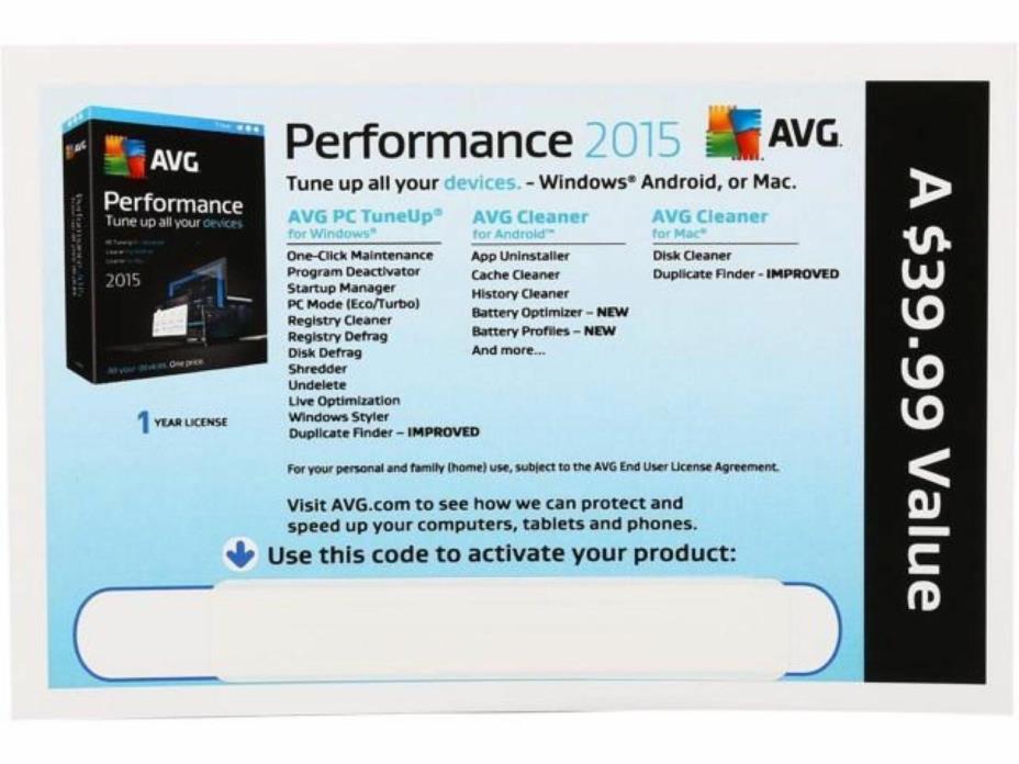 AVG Performance 2015 - Unlimited Devices / 1 Year ( Product Key Card )