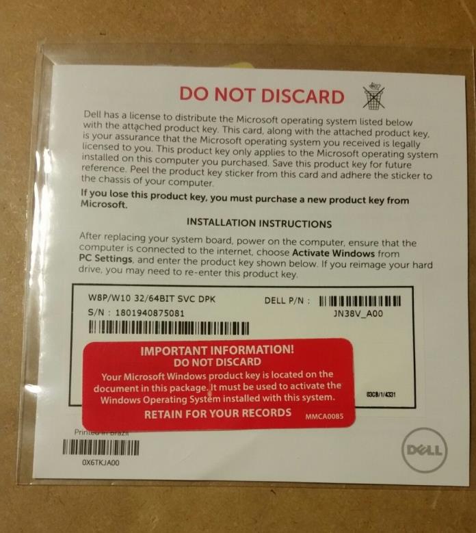 1-Original Windows 10 Pro 32/64bit SVC DPK Product key Dell P/N JN38V
