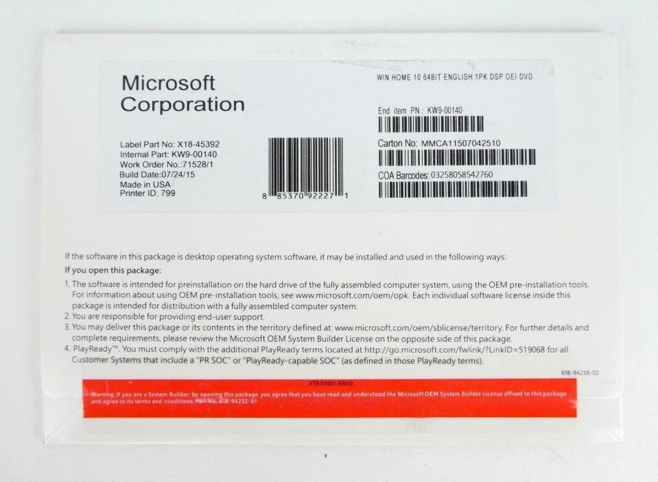 Microsoft Windows 10 Home 64Bit English DVD System Builder OEM KW9-00140