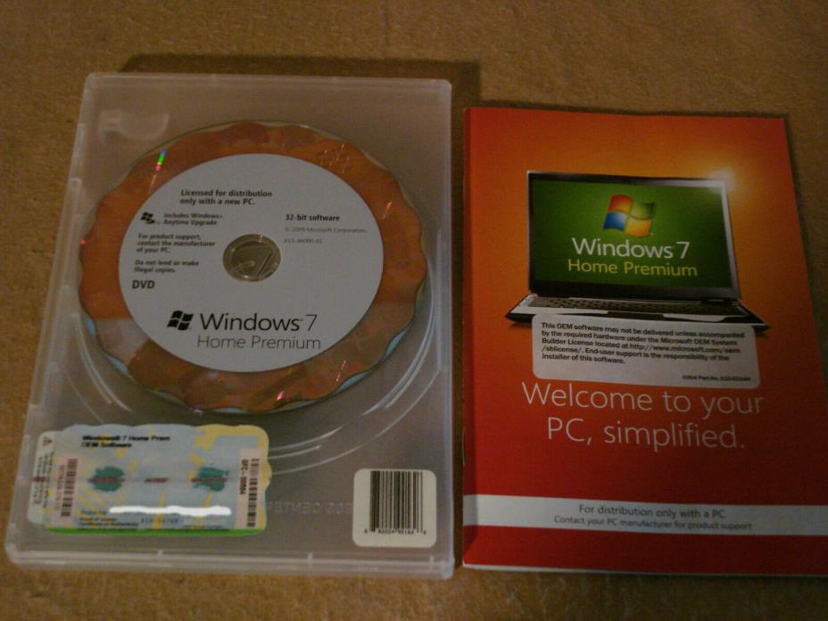 Microsoft Windows 7 Home Premium 32 Bit DVD with Product Key and 1GB Ram