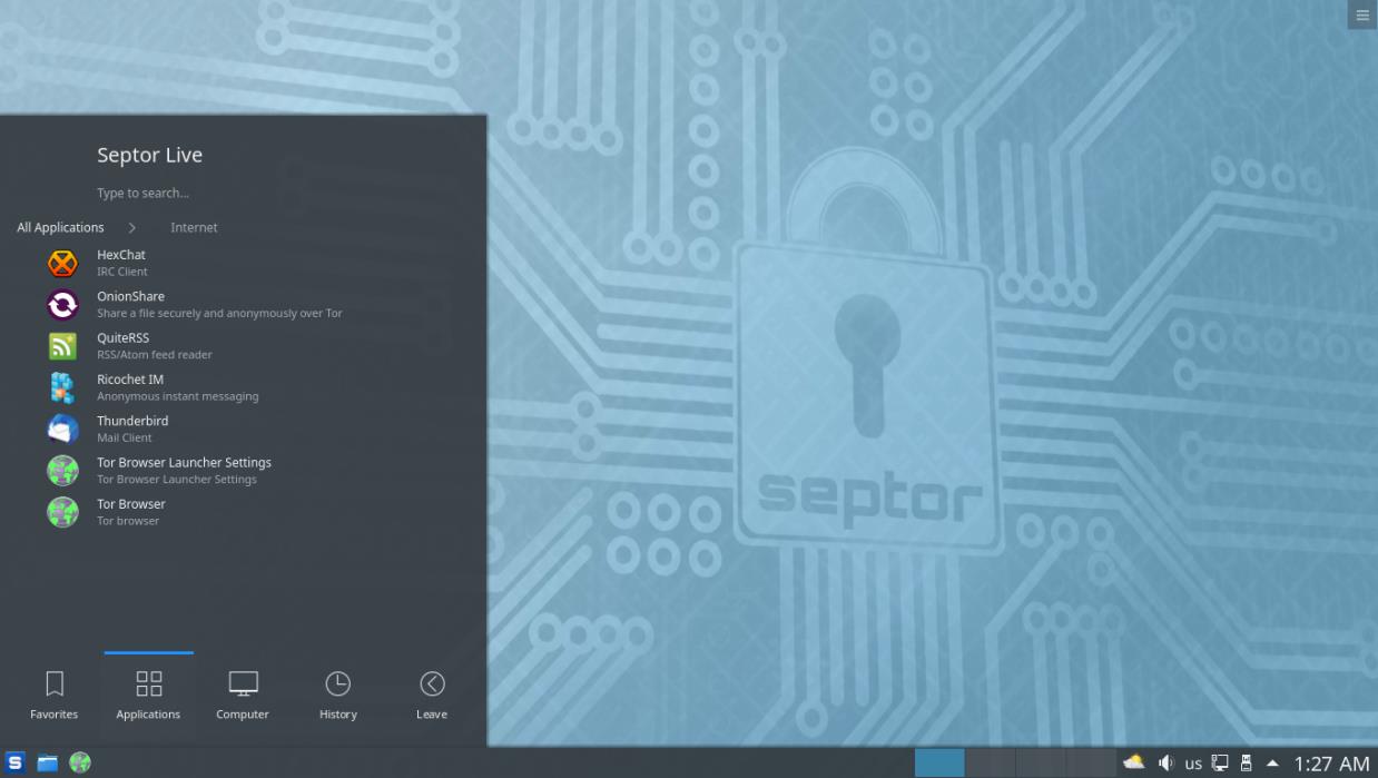 Septor Linux Live USB anonymous browse Privoxy Tor browser Ricochet KDE Plasma