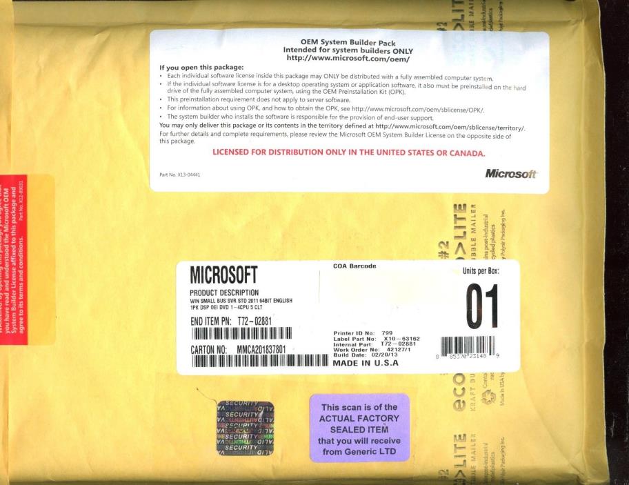 Factory Sealed - T72-02881 Microsoft Small Business Server 2011 Standard 5 CAL