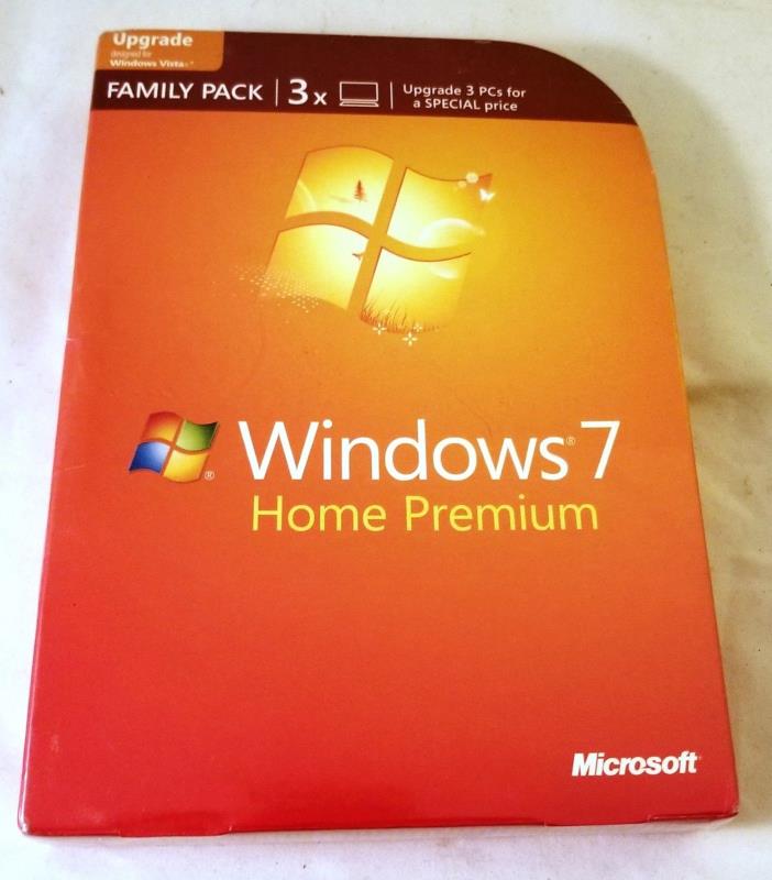 Microsoft Windows 7 Home Premium Upgrade Family Pack 3 PCs 32 & 64 Bit DVD NEW
