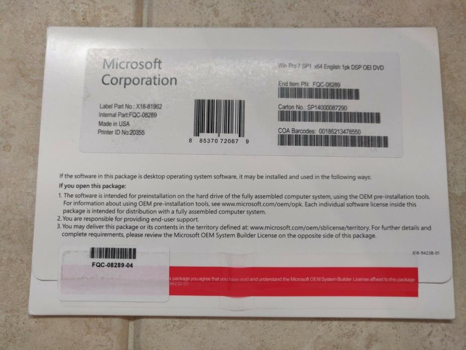Microsoft Windows Pro 7 SP1,  x64 OEI DVD
