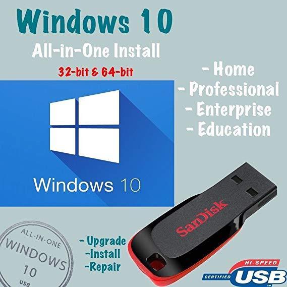 Windows 10 Pro Install Repair USB Drive 32 & 64 Bit Versions USB Flash FAST Ship