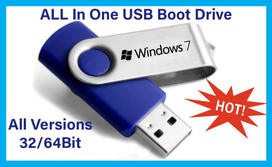 Windows 7 USB Boot Drive All Versions 32/64 Install Repair Recover Upgrade