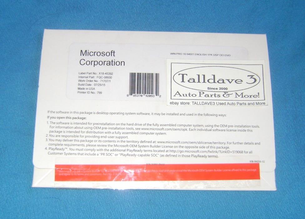 New Microsoft Windows 10 Pro 64 Bit System Builder OEM FQC-08930 Win10 - 1703