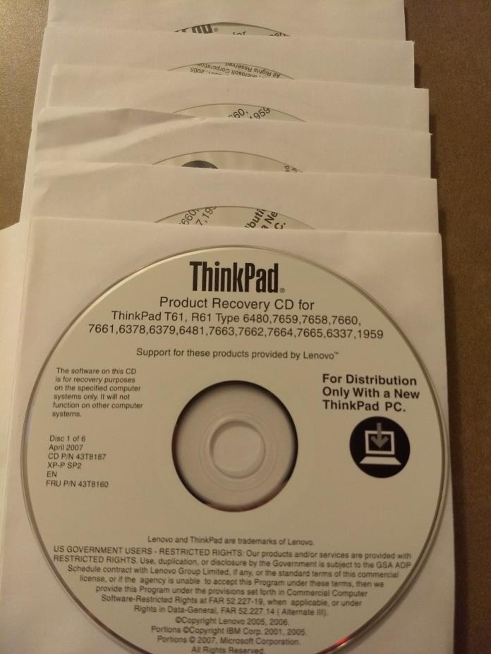 IBM ThinkPad T61/R61 recovery CDs 43T8160 Windows XP Pro SP2 NEW SEALED