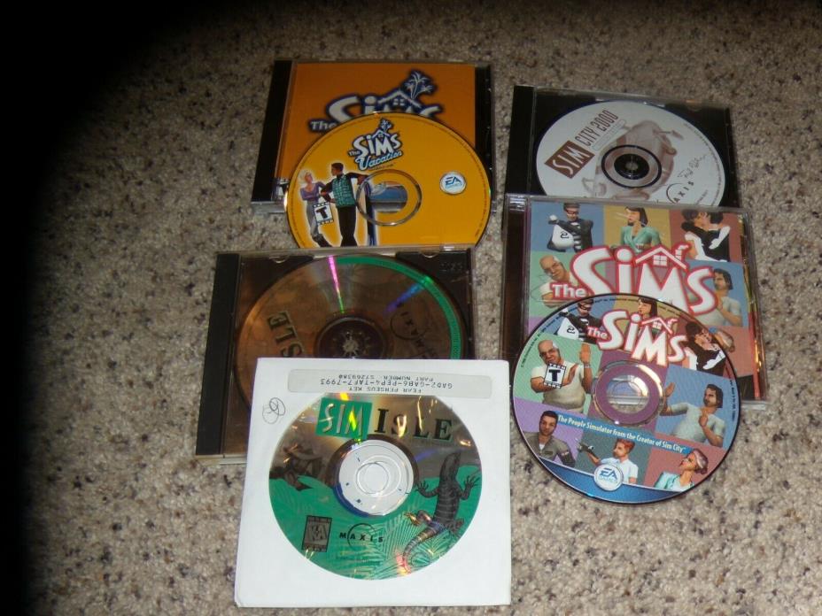Lot of 5 Sims Games: The Sims, Sim City 2000, The Sims Vacation, 2 Sim Isles