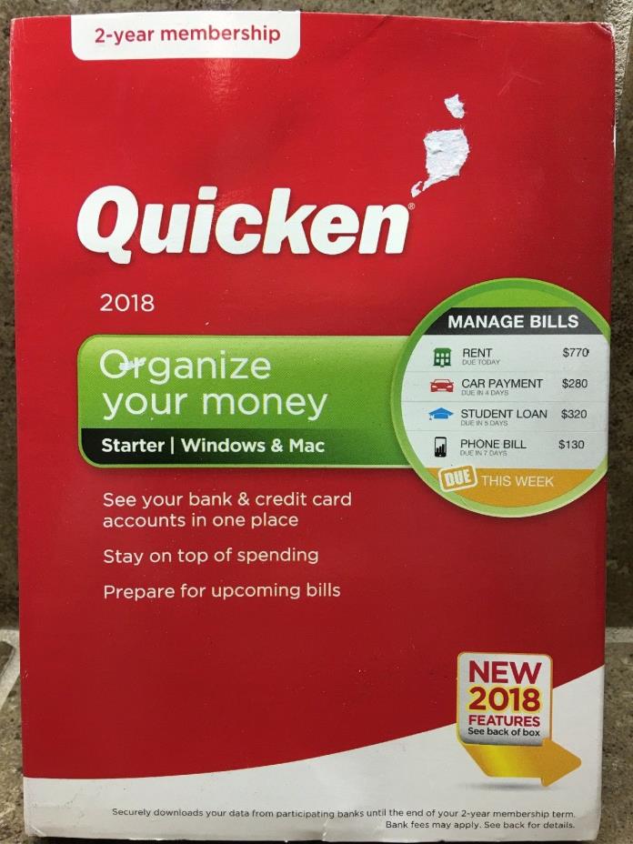 Quicken Starter 2018  Compatible with Win & Mac 2 year membership NEW FREE SHIP!