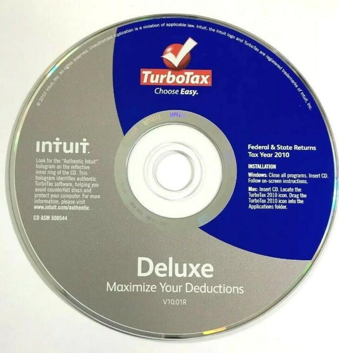 TurboTax Deluxe 2010 Federal & State Returns Windows And Mac * DISC ONLY