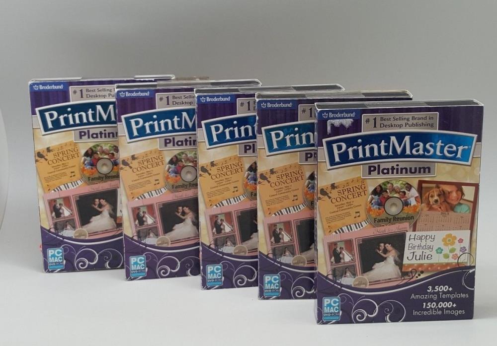 Lot of 5 Broderbund Print Master Platinum PC MAC DVD ROM Software 3,500 New