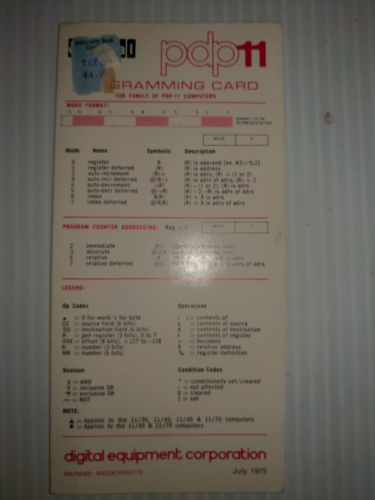 Pdp11 Computer Programming Card july 1975