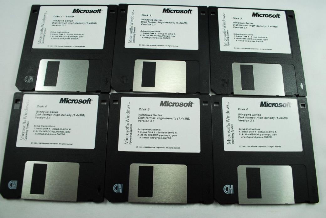 Microsoft Windows 3.1 Operating System Install Floppy Disc Set of 6 - Vintage