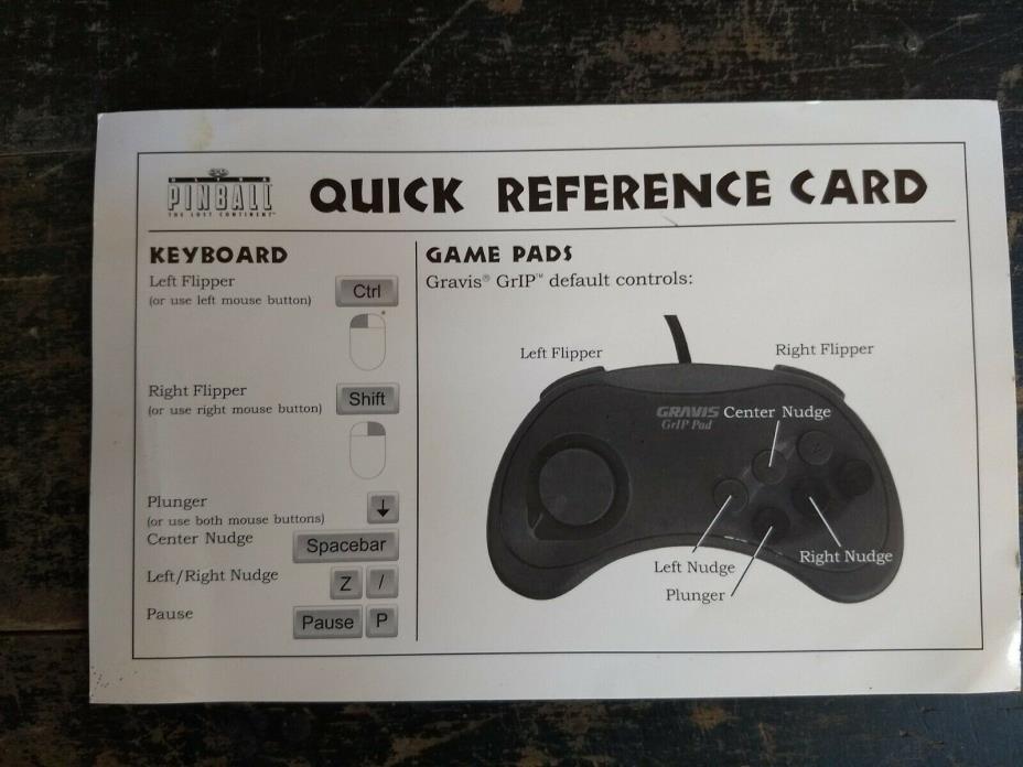 Vintage Ultra PinBall QUICK REFERENCE CARD for GrIP-Pad Gravis Grip Pad +2 other