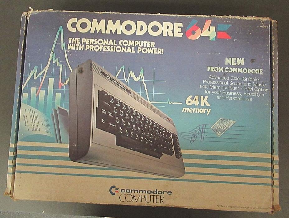 COMMODORE 64 WITH ORIGINAL BOX, POWER CORD, 11 FLOPPY DISKS, DISK DRIVE CLEANER