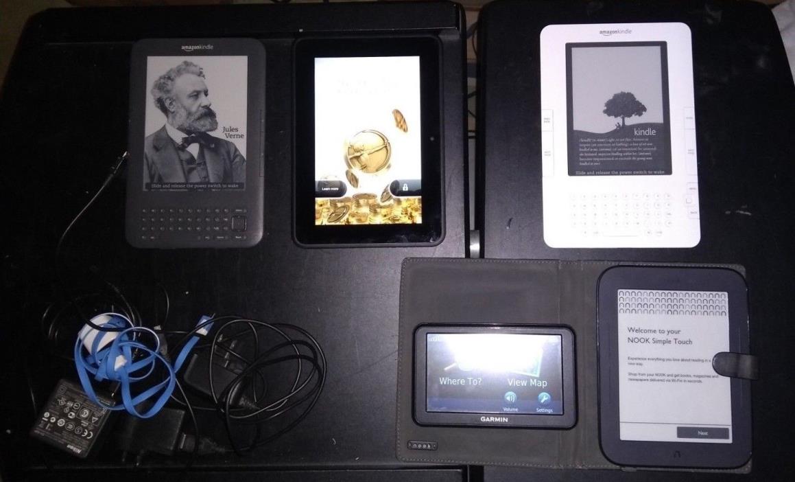 Tablet lot 5 3 Ereaders 1 Tablet and 1 GPS Used tested working With Chargers