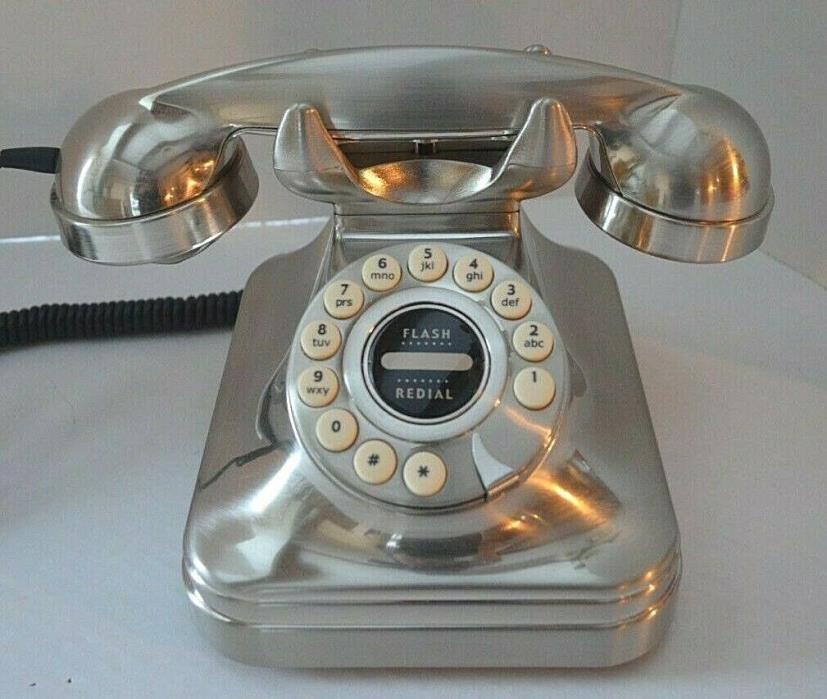 POTTERY BARN Grand Phone-Retro Style-Silver Brushed Metal Look-Push Button-EUC