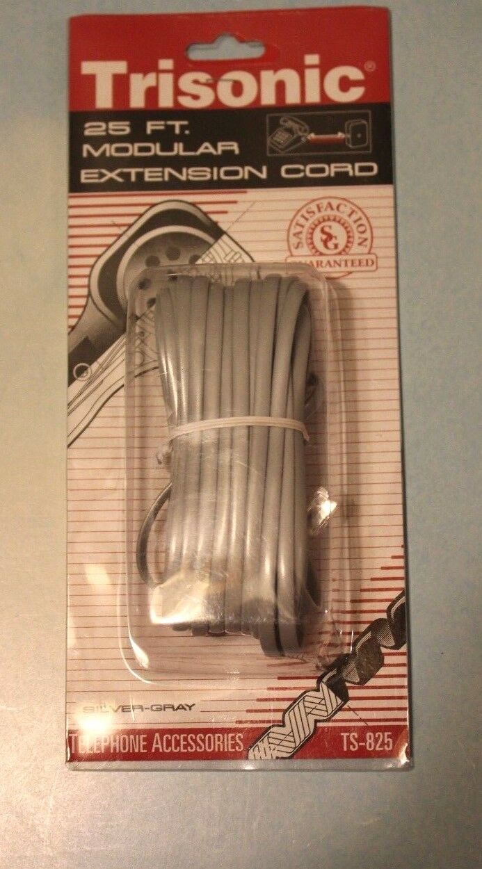 TRISONIC 25FT PHONE MODULAR EXTENSION CORD TS-825, NEW For Telephone Wall Plug