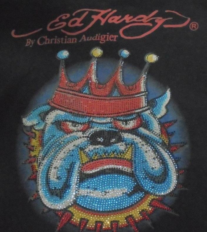 Ed Hardy by Christian Audigier t-shirt bulldog with crown beaded size Large