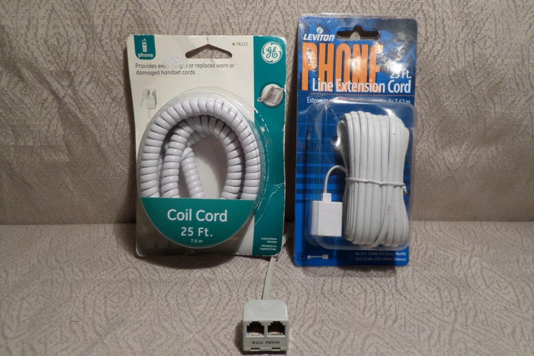 Telephone Coiled Cord and Extension Cord With Bonus Splitter 25 Feet NEW