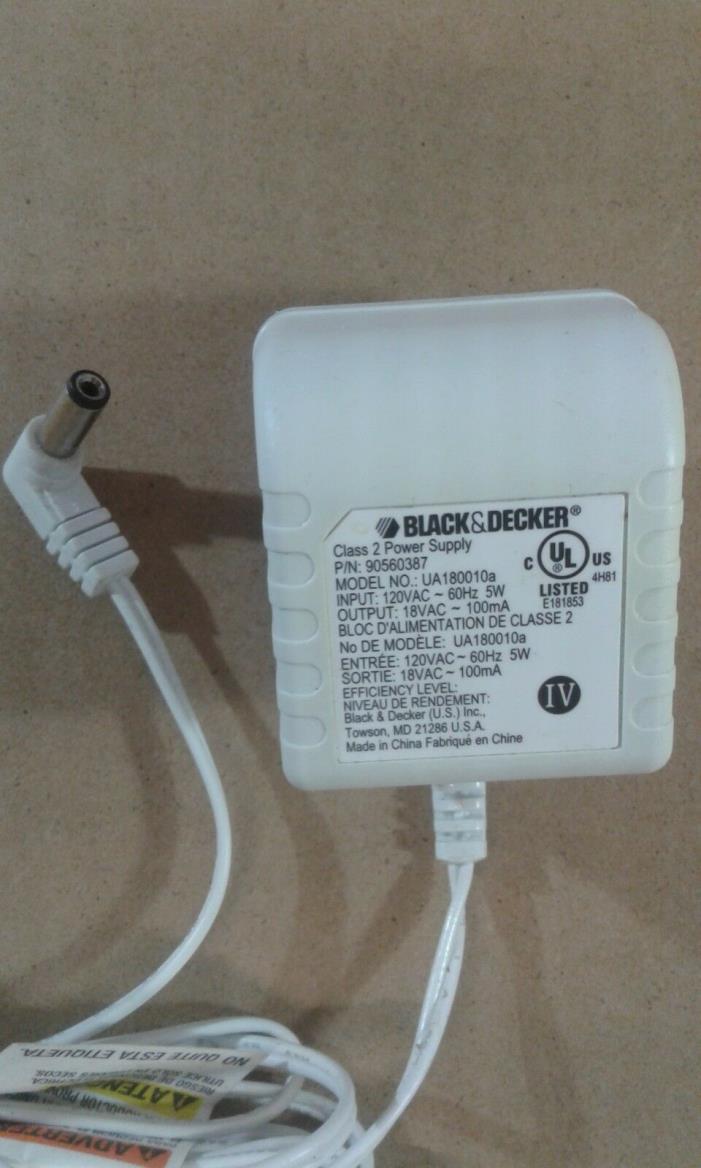 18V 100mA Black&Decker AC/AC Power Supply - Black&Decker UA180010a P/N 90560387