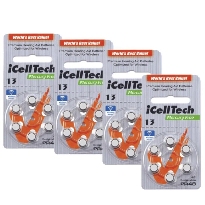 iCellTech Hearing Aid Batteries Size 13 (24 Pack) + Free Battery holder