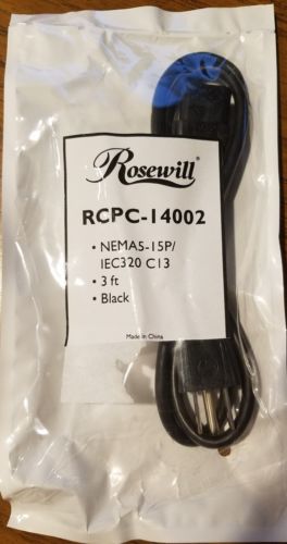Brand *NEW Rosewill  3-Foot Black Power Cord Cable with 3-Conductor PC