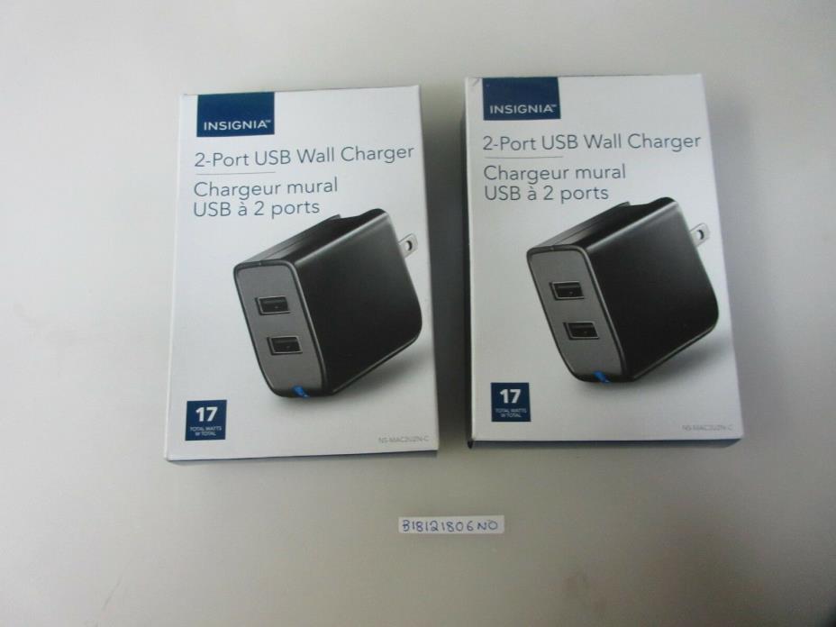 Lot of 2 Insignia 2-Port USB Wall Chargers Plug 17W dual port USB Black