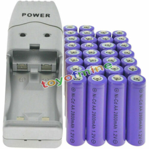 30 AA Purple Rechargeable Batteries NiCd 2800mAh 1.2v Solar Light + Charger