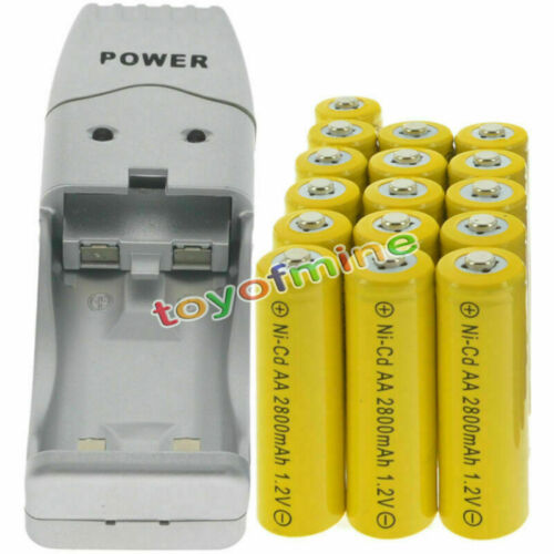 16 AA Yellow Rechargeable Batteries NiCd 2800mAh 1.2v Solar Light + Charger