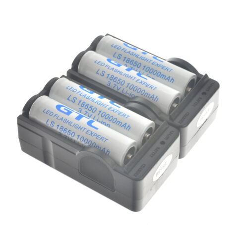 4pc 3.7v 18650 Battery Rechargeable Li-ion 10000MAH Batteries +2pc Smart Charger