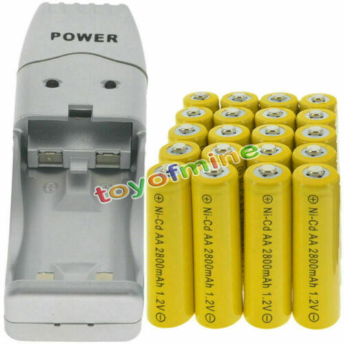20 AA Yellow Rechargeable Batteries NiCd 2800mAh 1.2v Solar Light + Charger