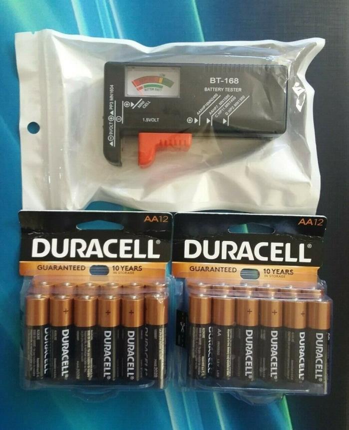 24 AA DURACELL Coppertop - 2pks x12= 24 Batteries, exp 2028 With Battery Tester!